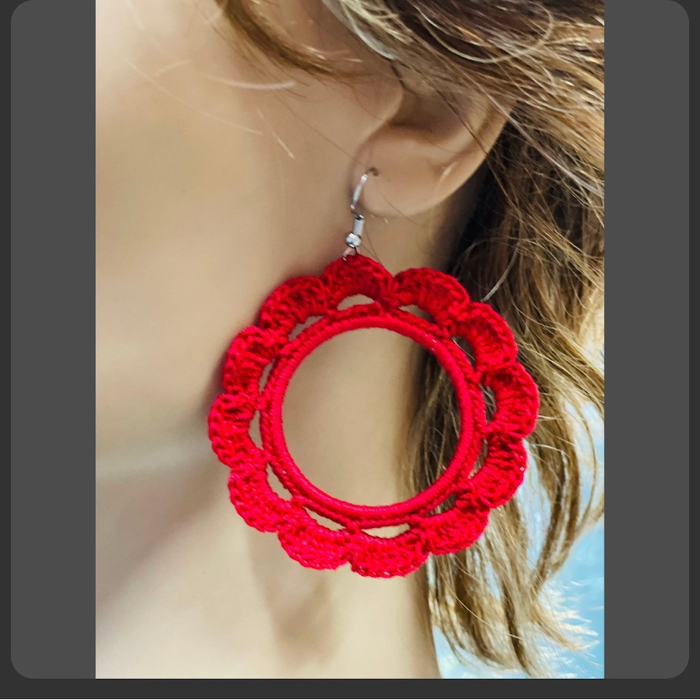 Red Handcrafted Crochet Hoop Earrings